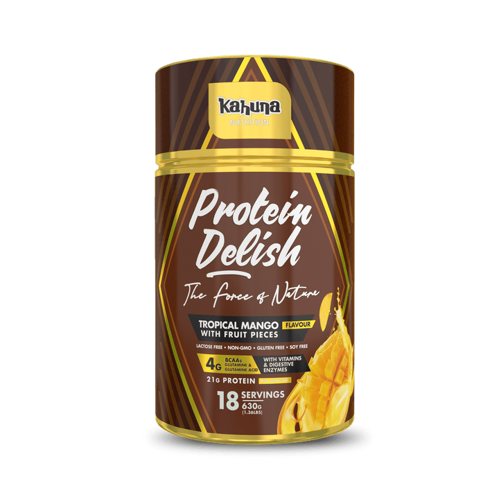 Best Tasting Protein powder Protein Delish, Tropical Mango flavour, front side 620gg