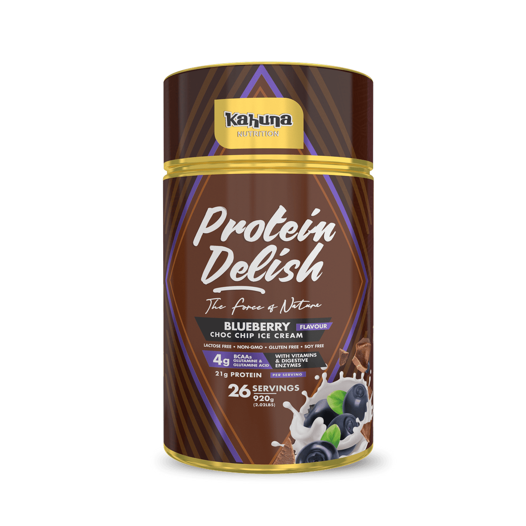 Best Tasting Protein powder, Protein Delish, Blueberry Flavour Choc Chip Ice Cream Flavour, Front side,920g