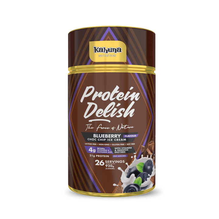 Best Tasting Protein powder, Protein Delish, Blueberry Flavour Choc Chip Ice Cream Flavour, Front side,920g