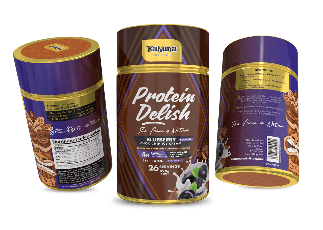 Best Tasting Protein powder, Protein Delish, Blueberry Flavour Choc Chip Ice Cream Flavour, Group Image, 920g