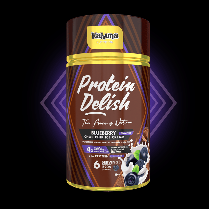 Best Tasting Protein powder, Protein Delish, Blueberry Flavour Choc Chip Ice Cream Flavour, Front side, 220g