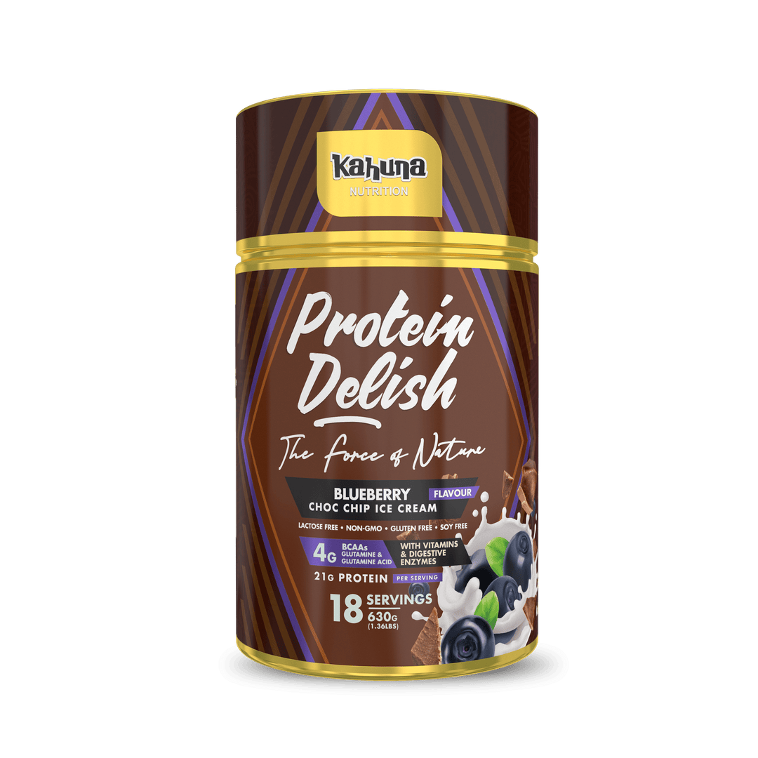 Best Tasting Protein powder, Protein Delish, Blueberry Flavour Choc Chip Ice Cream Flavour, Front side, 630g