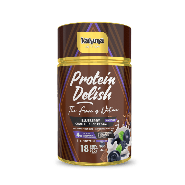 Best Tasting Protein powder, Protein Delish, Blueberry Flavour Choc Chip Ice Cream Flavour, Front side, 630g