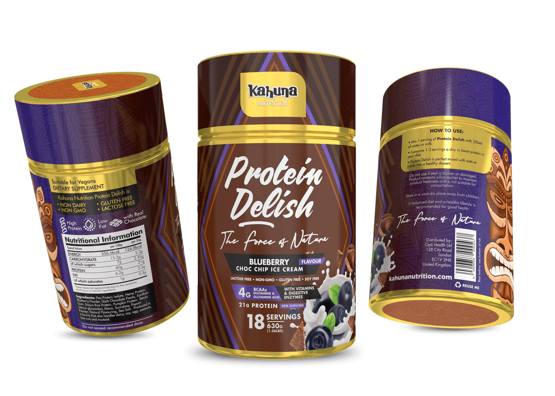 Best Tasting Protein powder, Protein Delish, Blueberry Flavour Choc Chip Ice Cream Flavour, Group Image, 630g