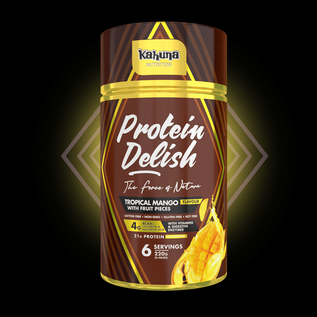 Best Tasting Protein powder Protein Delish, Tropical Mango flavour, front side 220g
